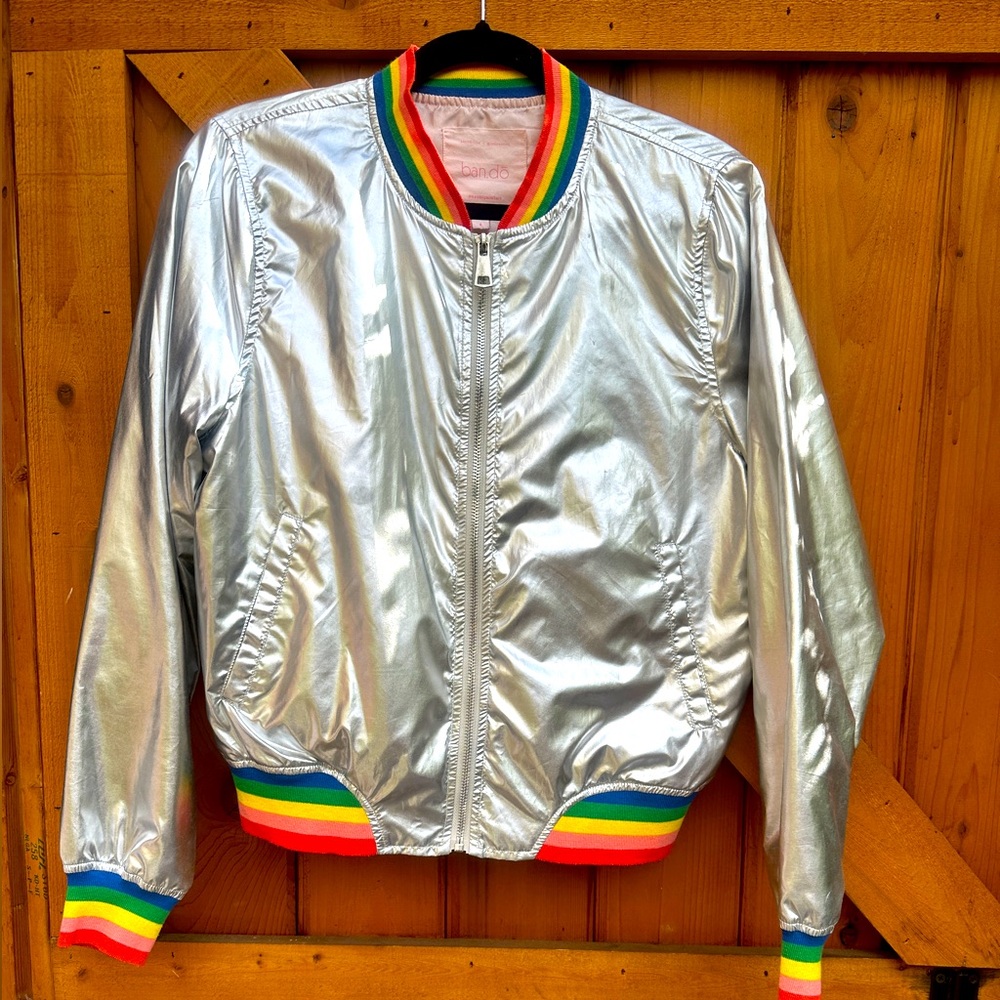 Ban.do metallic-silver rainbow, pink-satin-lined windbreaker—Size Small